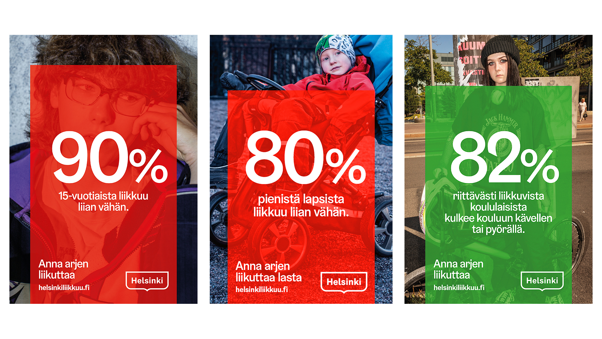 Kolme infograafia: 90 % 15-vuotiaista liikkuu liian vähän, 80 % pienistä lapsista liikkuu liian vähän ja 82 % riittävästi liikkuvista koululaisista kulkee kouluun kävellen tai pyörällä.